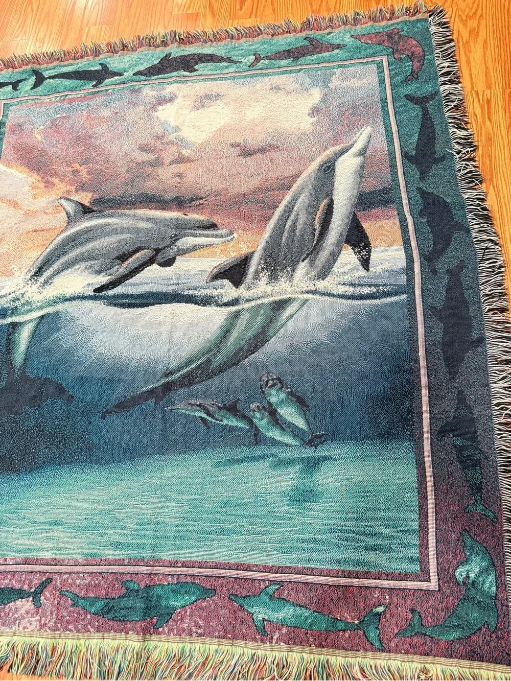 Vintage tapestry Dolphin Coastal Throw Blanket - Teal & Blue 54x48